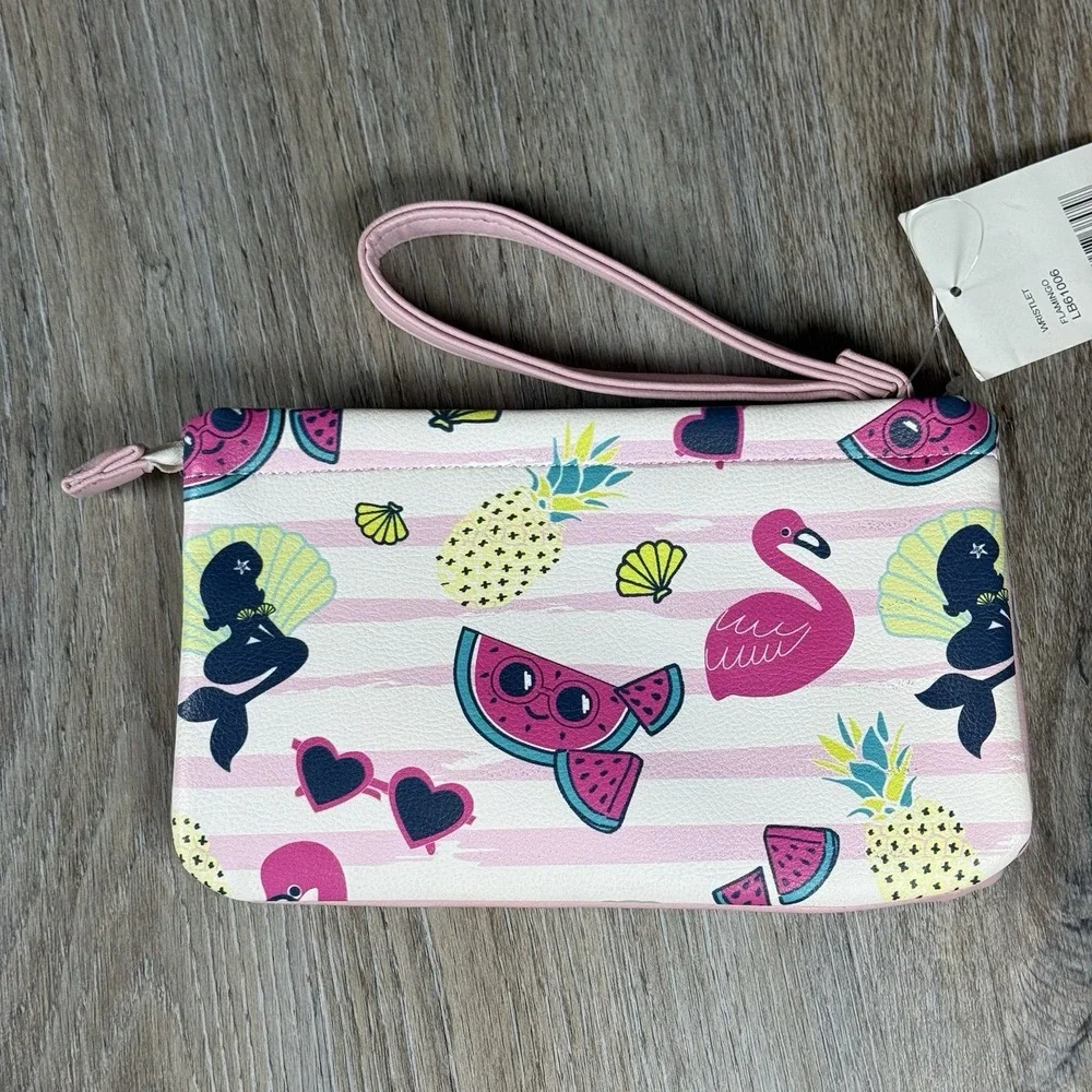 Betsey Johnson Flamingo Wristlet Pink White Tropical Wallet Double Pouch LB61006
